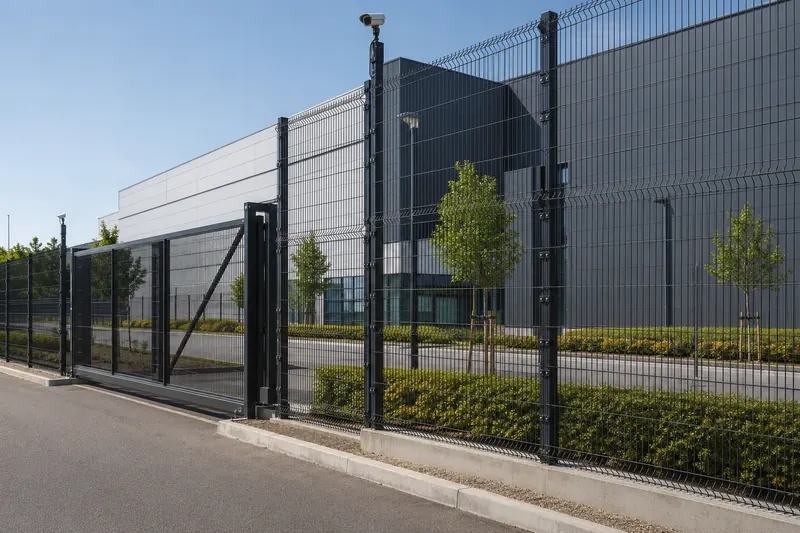 Welded mesh security perimeter fence with gate